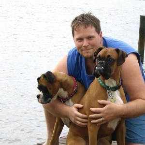 Dad and Dogs on the dock