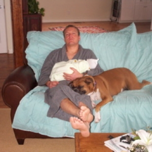 Peanut with daddy and our new baby boy Dec '02