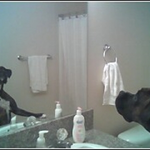Looking at herself in the mirror
