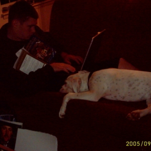 Dempsey is helping daddy study!