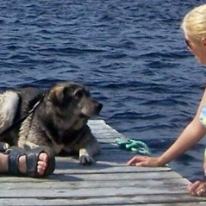 Abby with her mom at the pond