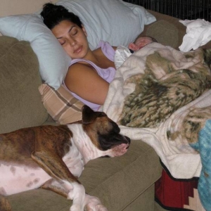 Tyson snoozing with Mom and Jesse