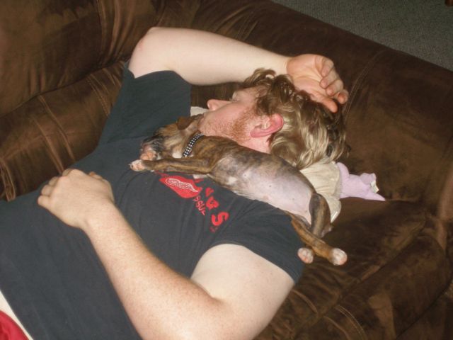 Bailey sleeping on daddy
