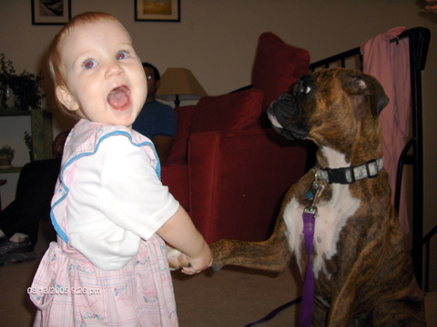 Gracie shaking with the baby