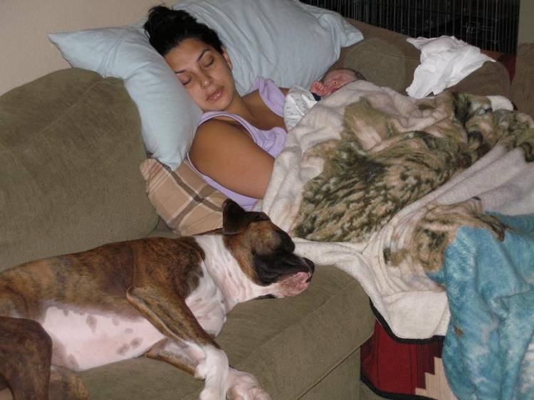 Tyson snoozing with Mom and Jesse